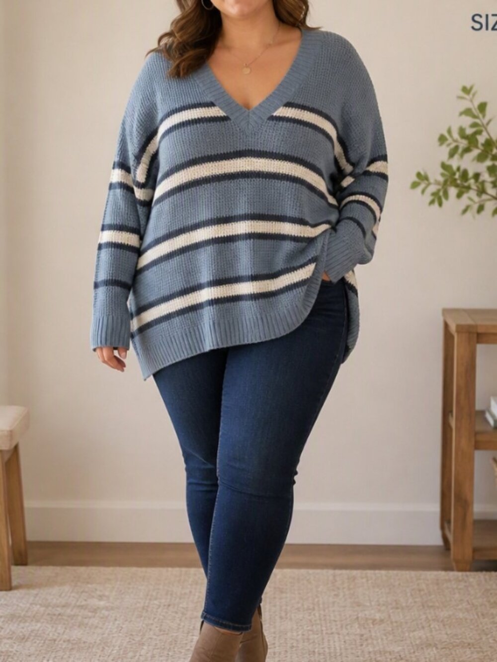 American Eagle Blue Gray Striped V-Neck Sweater XXL Oversized Waffle Knit